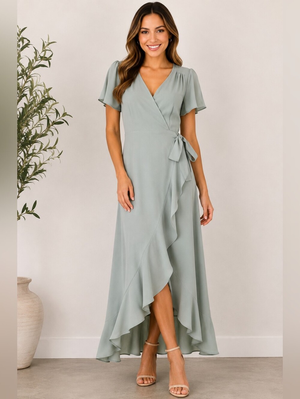 Altar'd State Sage Green Wrap Maxi Dress with Ruffle Tie
